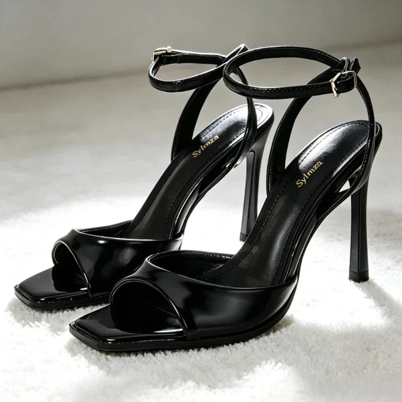 Black Sexy Heels Women Summer Elegant Party Dress Sandals Fashion Square Toe Naked Strap Designer Thin Heels Pumps Zapatos Mujer