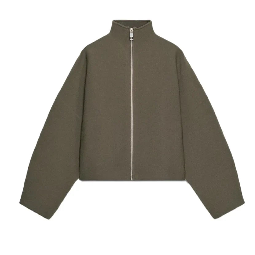 Vintage Stand Collar Women's Cropped Jacket Zipper Loose Full Sleeve Thick Warm Coat 2025 Autumn Winter Lady New in Outwear