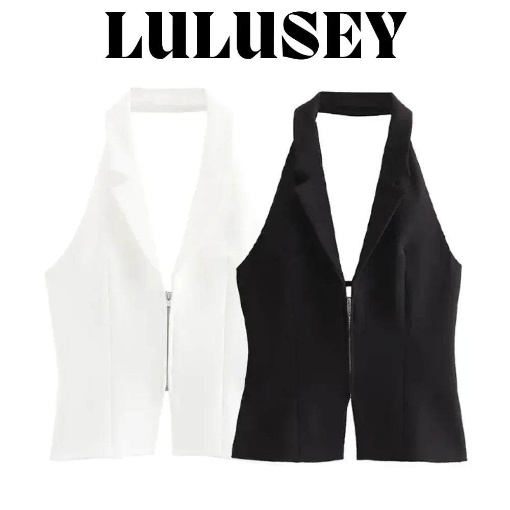 2025 Summer Women’s Sleeveless Zip Front Vest | Lapel Waistcoat for Office Casual Outing | Black/White Daily Versatile