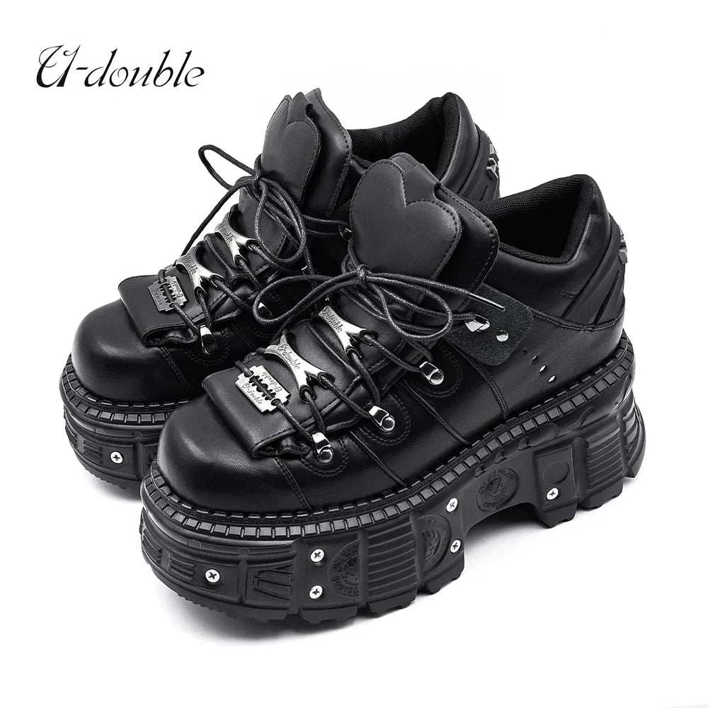 2026 New Punk Style Women Shoes Lace-up Heel Height 6CM Platform Shoes Woman Gothic Ankle Rock Boots Metal Decor Woman Sneakers