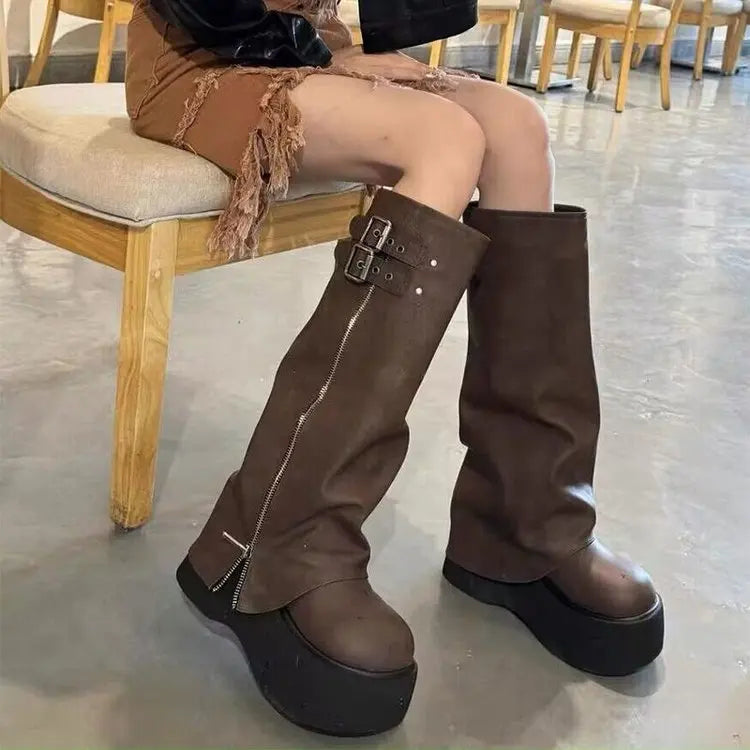 2026Arrival Fashionable Wide-Leg Knight Long Boots with Inner Elevator & Thick Sole, Side Zipper, Belt Buckle and Slouchy Design