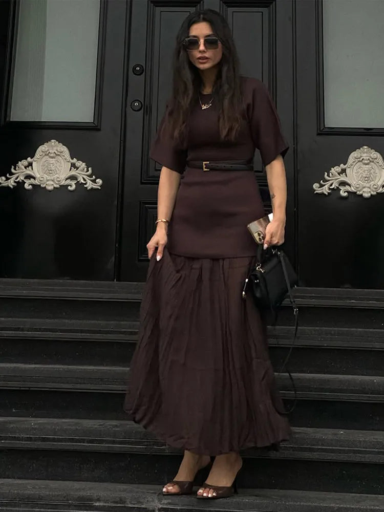 2025 Chic Splicing Brown Half Sleeve Maxi Dress Women's Casual Pleated A-line Slim Vestidos Female Office Commute Street Robes