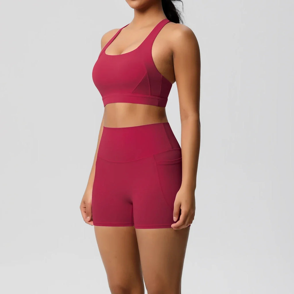 2PCS Sportswear With Pocketed Yoga Set Gym Clothes Yoga Suits For Women Tracksuits Sports Shorts Crossover Bra Gym Leggings