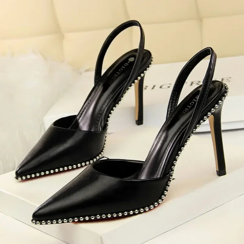 Branded Rivet Studded Beaded Design Sandals Women Summer Sexy Pointed Toe Thin High Heels Elegant Wedding Slide Pumps for Ladies