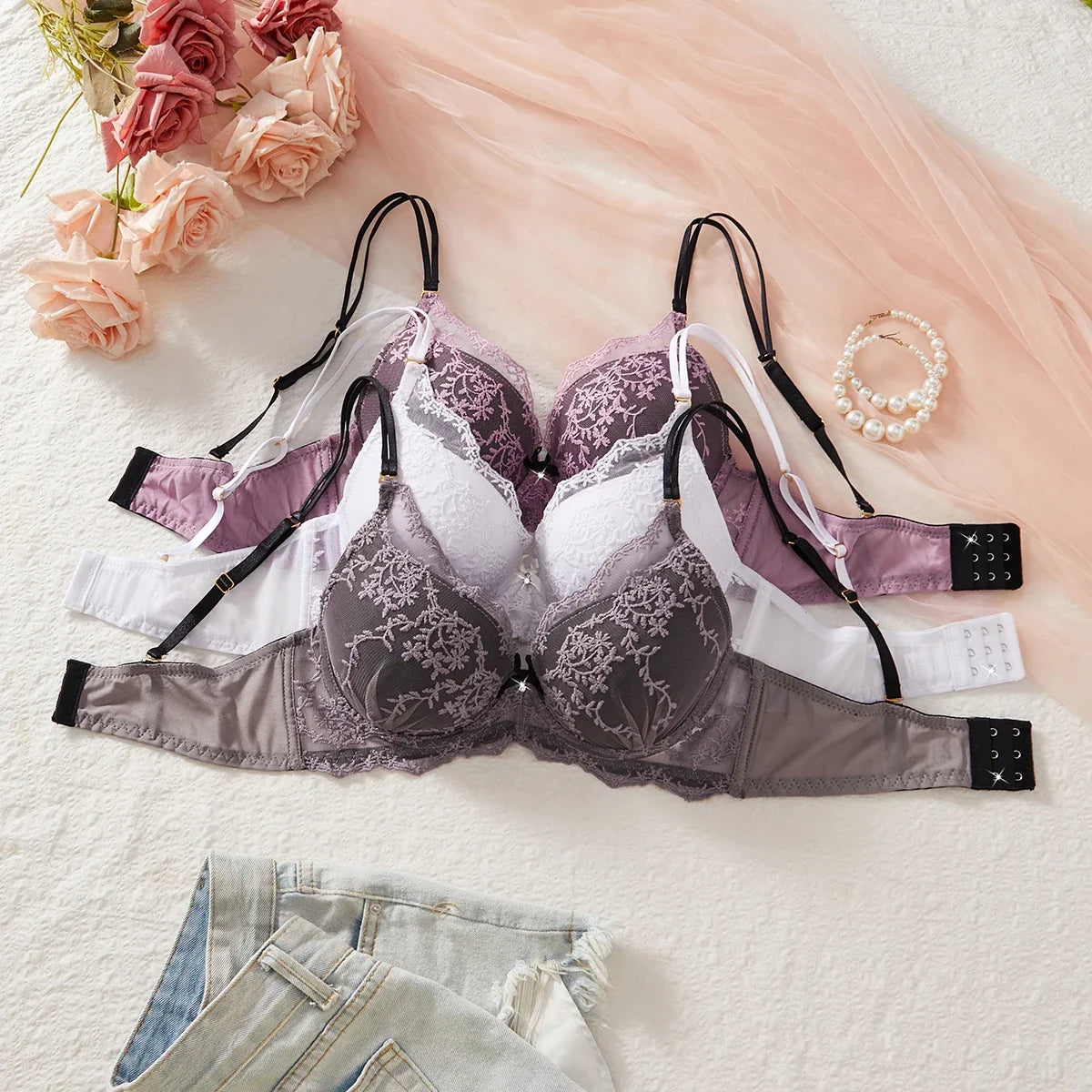 3-Pack Women's Underwear Set Lace Floral Fabric Push-Up Bra for Women Underwire Unpadded Sexy Lingerie Set