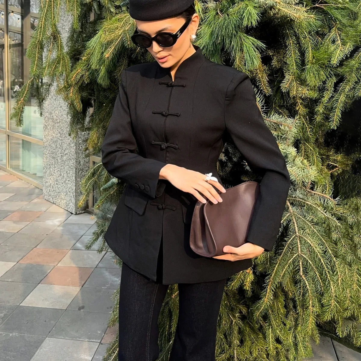 BJTZ Women Mandarin Collar Blazer Long Sleeve Frog Button Front Slim Fit Suit Jacket Casual Office Streetwear Elegant Outerwear