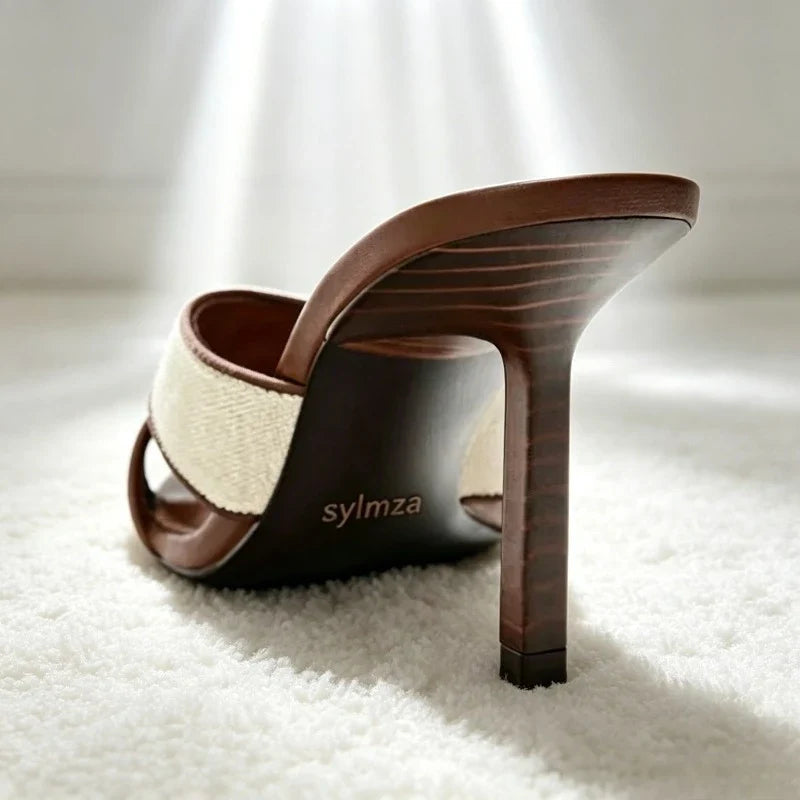 Brown Wide Cross-Tied Women Slippers Elegant Contrast Material Piping Mule Sandals for Ladies Sexy Pointed Open Toe High Heels