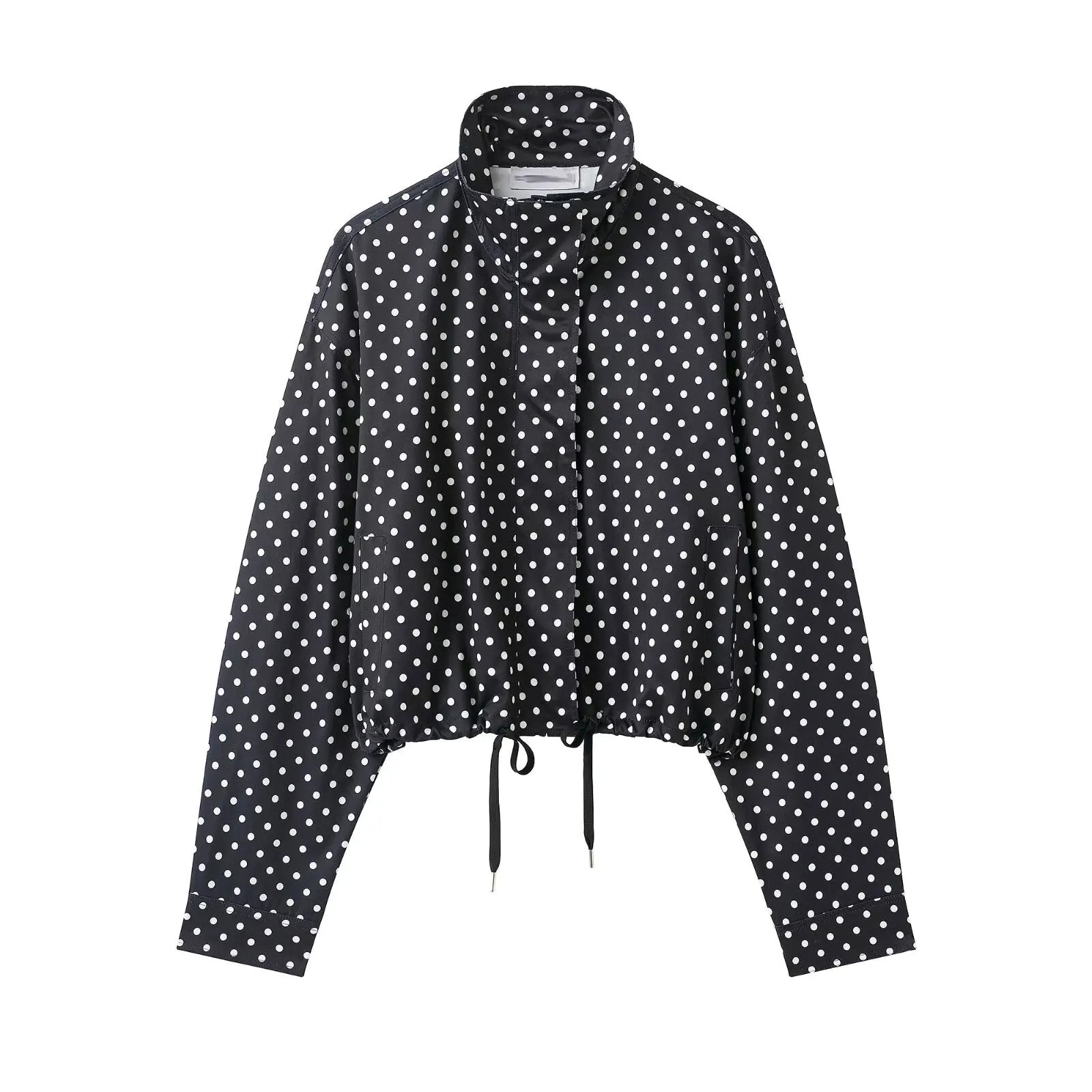 HH Women Elegant Fashion Polka Dot Pink Jacket Single Breasted High Collar Drawstring Coat Spring Lady Trend Street Outwear