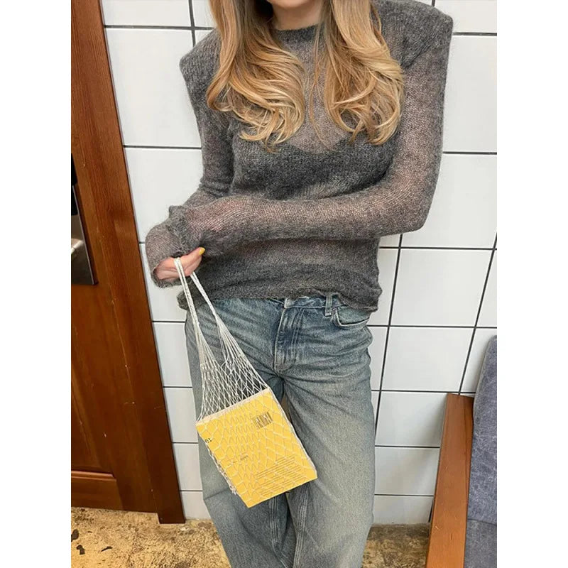 2025 Autumn Solid Color Round Neck Hollow Knitted Sweater Still Commuting Long Sleeve Hoodie Casual Long Sleeve Top