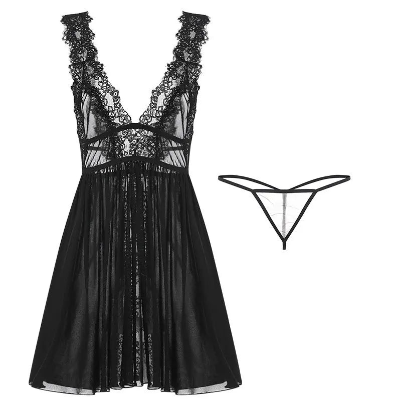 Sexy Transparent Red Lingerie Women's Underwear Lace Nightdress And Panty Pijamas Sets Female Sexy Nighty Sleeveless Pajama