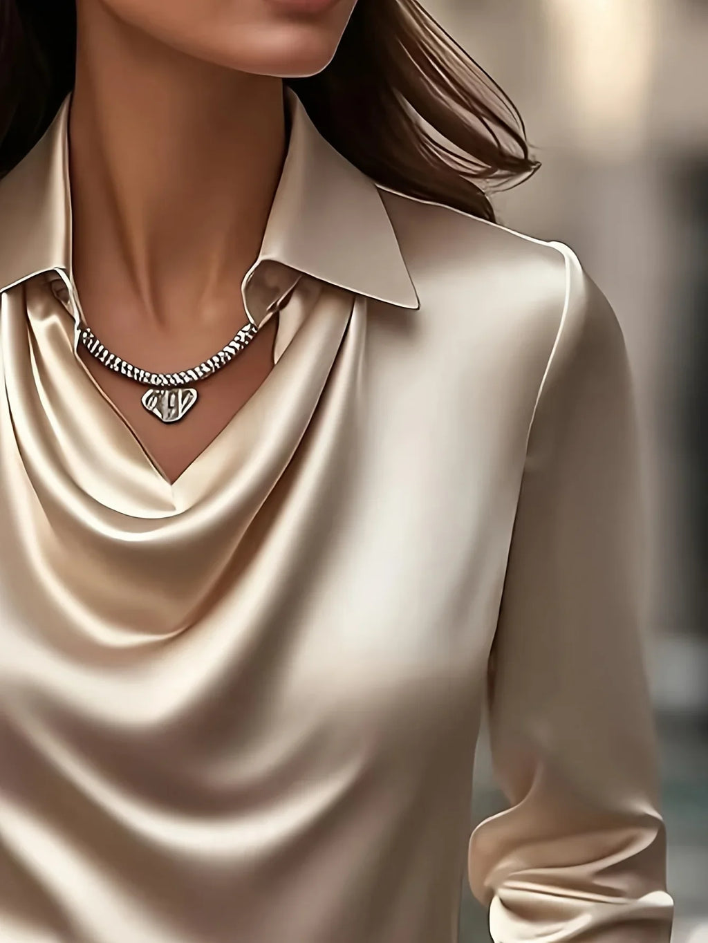 Spring and Autumn Plus-Size Long-Sleeved Satin Shirt, Round Neck with Pleated Draped Collar, Elegant and Stylish Office and Outdoor Wear Top