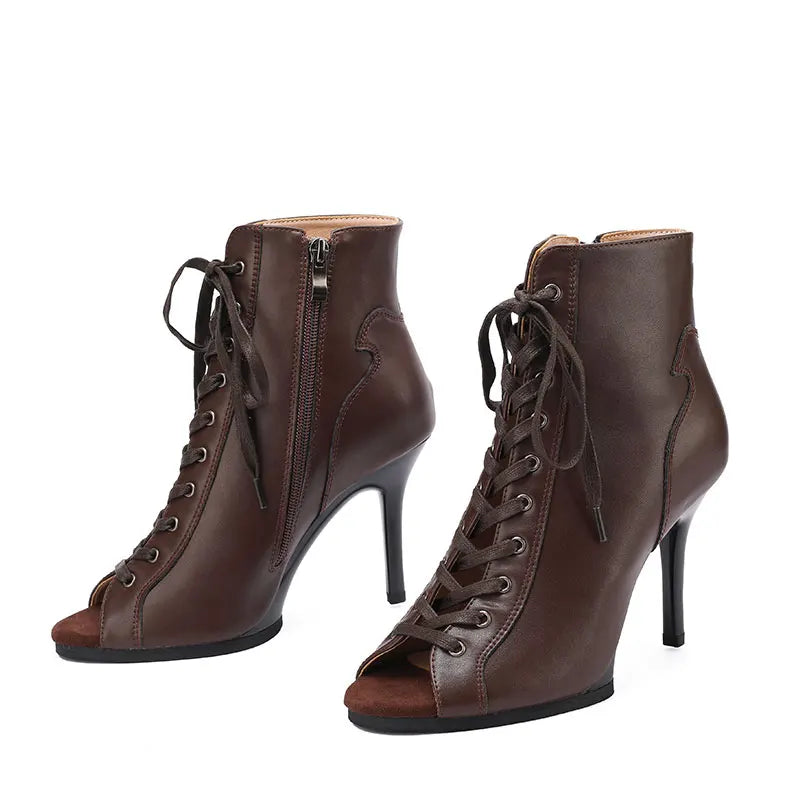 High Quality Customized Brown Latin Dance Shoes Open Toe High Heel Stiletto Boots Slim Heel 11cm Lace Up Dance Boots