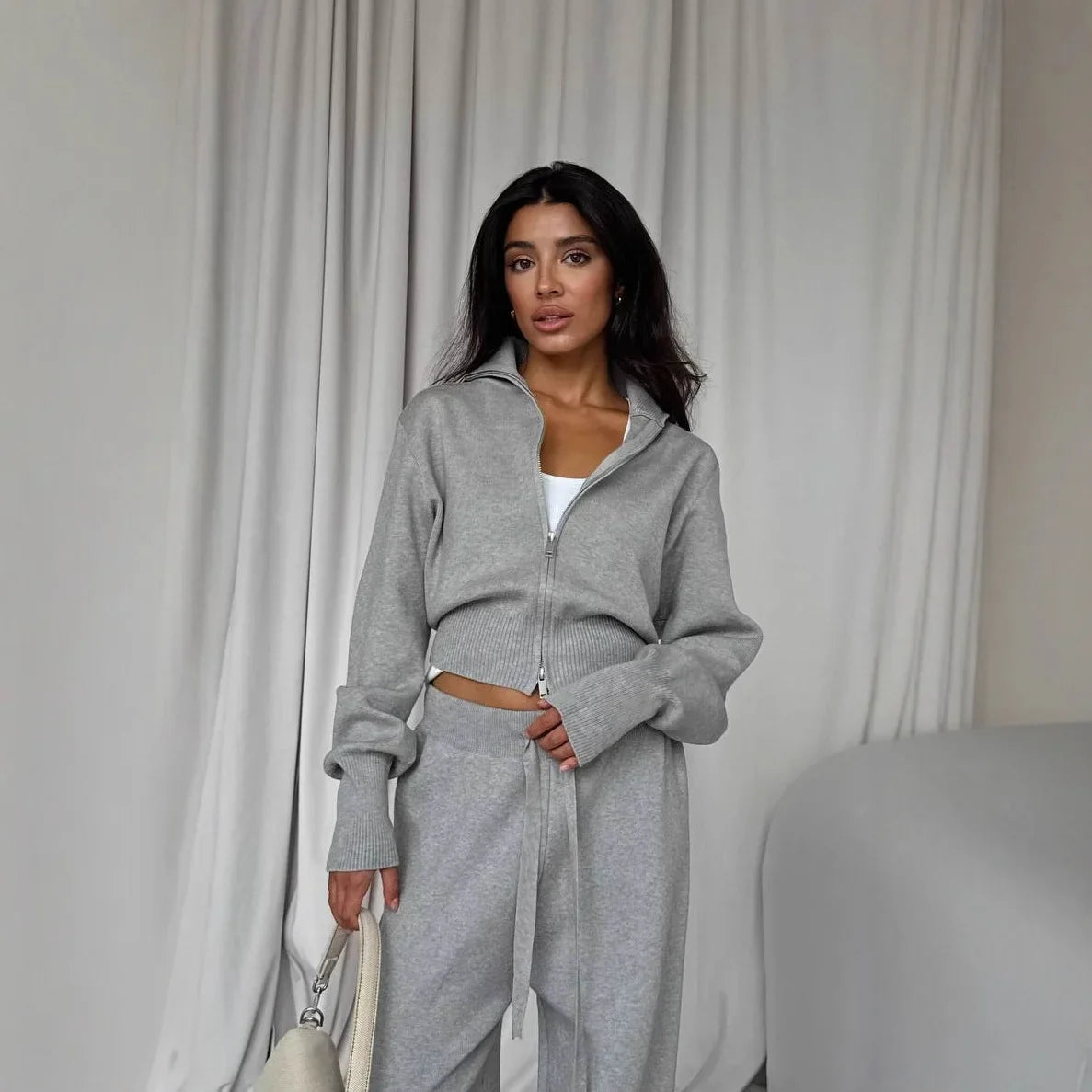 Women Cotton Knitted Cardigan Wide Leg Pants Suit Autumn and Winter Lady  Fashion Loose Daily Office Jacket Straight Pants 2Pcs