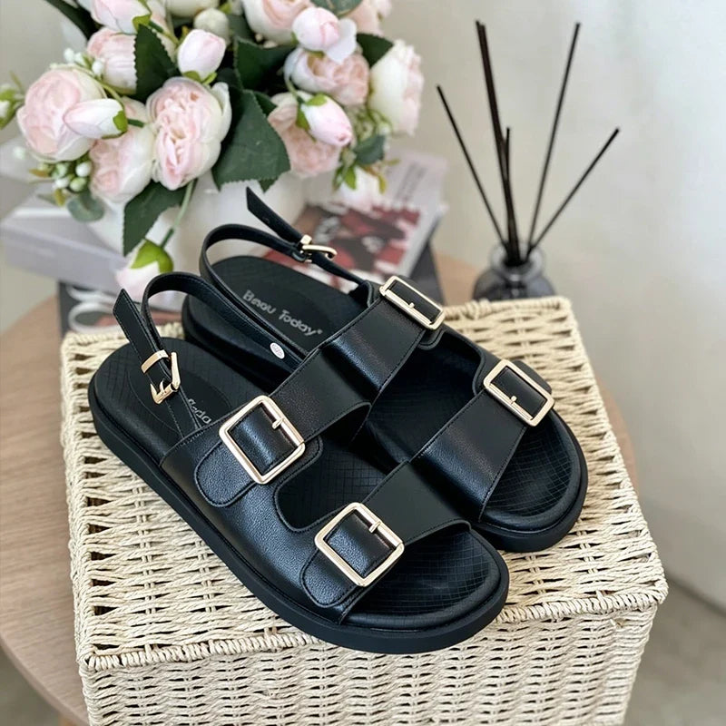 BeauToday Casual Sandals Women Genuine Leather Metal Ankle Buckle Strap Summer Beach Ladies Low Heel Sport Shoes Handmade 38128