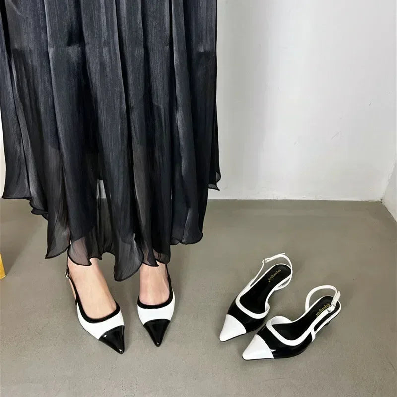Designer Black White Mixed Color Low Heeled Sandals Women Sexy Pointed Toe Slingbacks Chunky High Heels for Women Elegant Heels