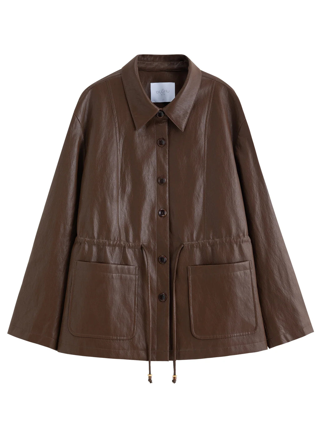 DUSHU 2026 Spring Women's Drawstring Waist Oversized Leather Jacket - Flattering Fit Cropped Motorcycle Style PU Coat for Casual