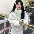 Women's Kawaii Polka Dot Down Cotton Jacket Korean Button Patchwork Corduroy Short Parkas Y2K Stand Collar Puffer Warm Jacket