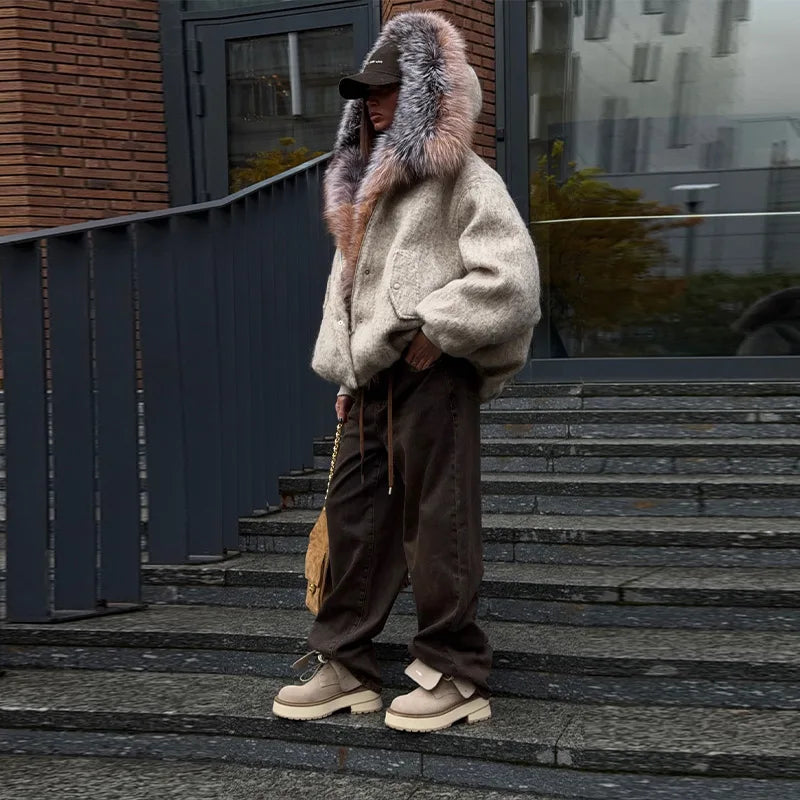 Vintage Thicken Faux Fur Woolen Jacket Women Fashion Hooded Pocket Lantern Sleeve Elastic Waist Coat Winter Female Daily Outwear