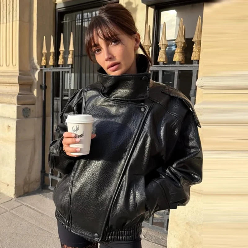 HXAO New Arrival Women's Bomber Jacket Leather Black Jackets Cropped Oversize Outerwears Zip-Up Long Sleeve Coats Outdoor Jacket