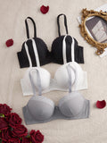 3Pcs Plus Size Women's Bras Lace Trim B C D E Thin Cup Ribbed Push up Bra Underwire Side Support Soft Women's Underwear Set