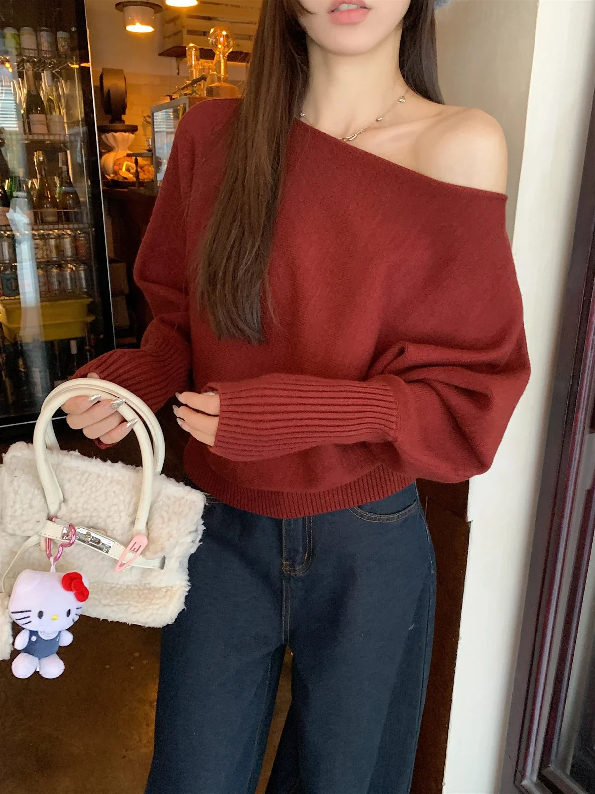 Off Shoulder Knit Top for Women Slash Neck Rib-knit Batwing Sleeve Sweater Pullovers Autumn Winter Korean Fashion Outfit