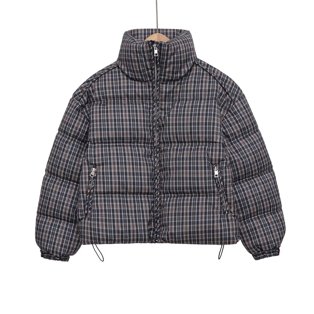 Stylish Plaid Puffer Anorak for Women Winter Brown Padded Jackets High Neck and Long Sleeves Zipper Outwears with Adjustable Hem