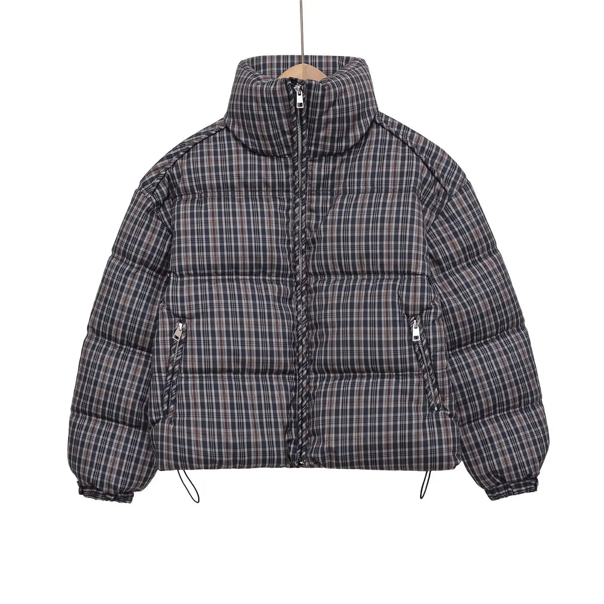 Stylish Plaid Puffer Anorak for Women Winter Brown Padded Jackets High Neck and Long Sleeves Zipper Outwears with Adjustable Hem