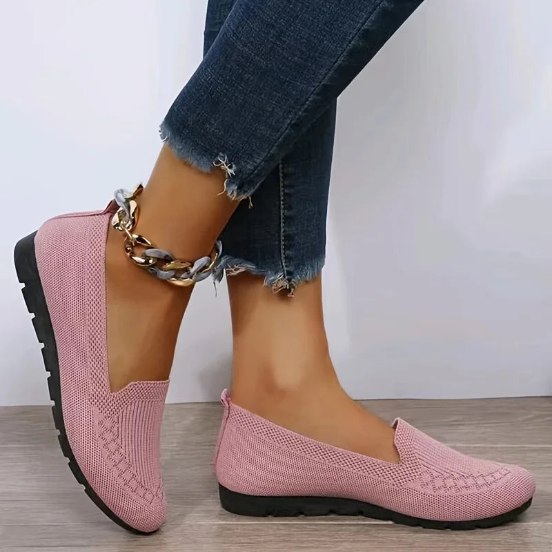 Women's Solid Color Knit Loafers Lightweight Anti Slip Flat Shoes for Casual Wear