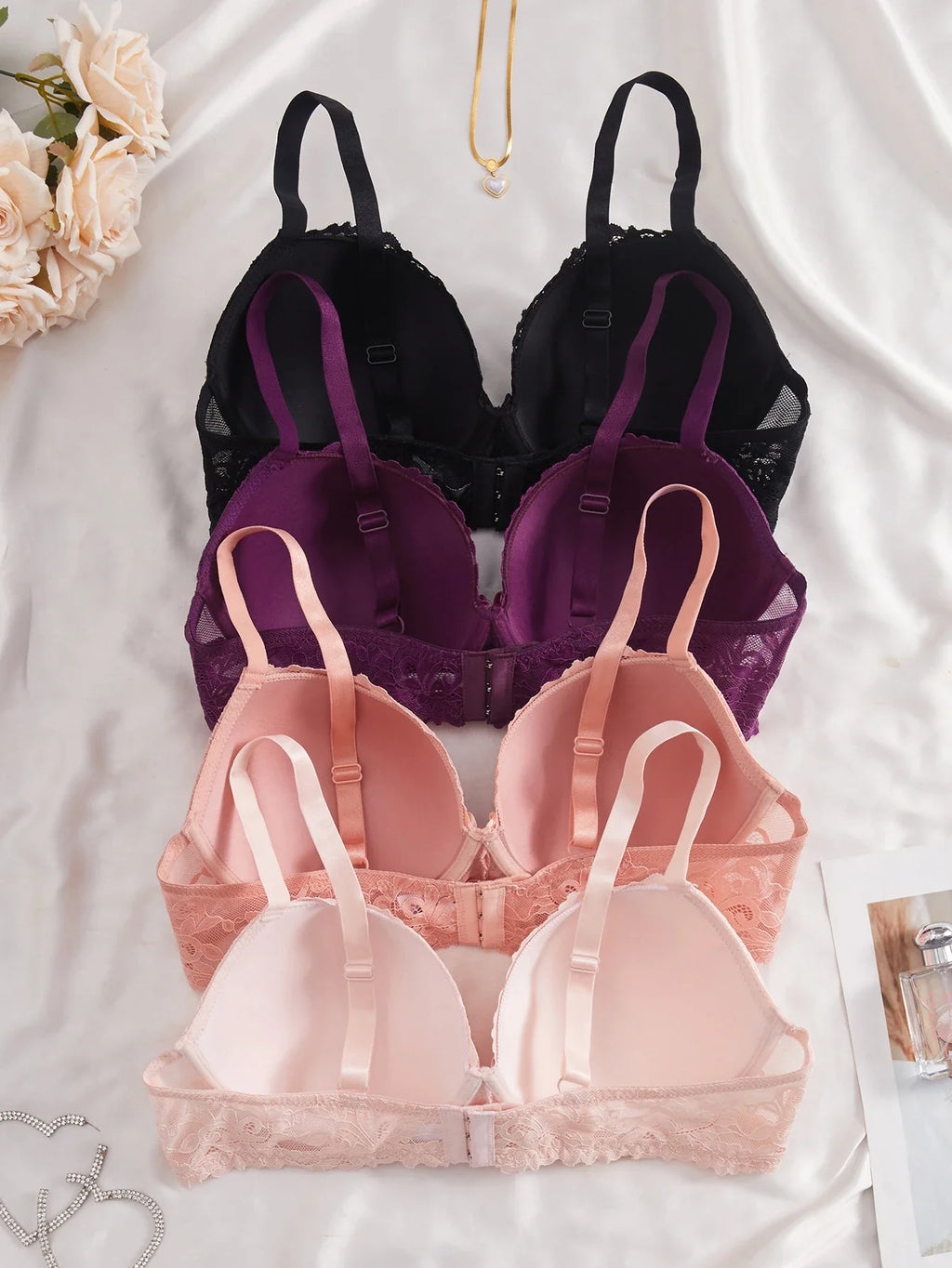 4PCS Plus Size Women's Bras Floral Lace Underwire Underwear Set Side Support Push Up Daily Comfort Full Cup Lingerie Set