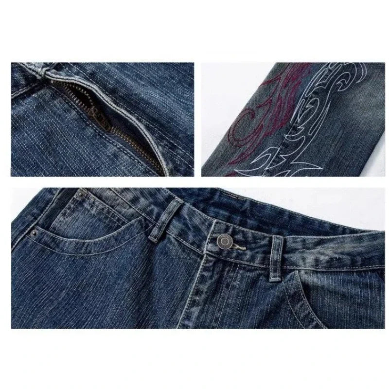 Women's Loose Straight Leg Jeans Elastic High-End Feel  European Fashion Embroidered Flower Trendy Versatile Wide Leg Jeans