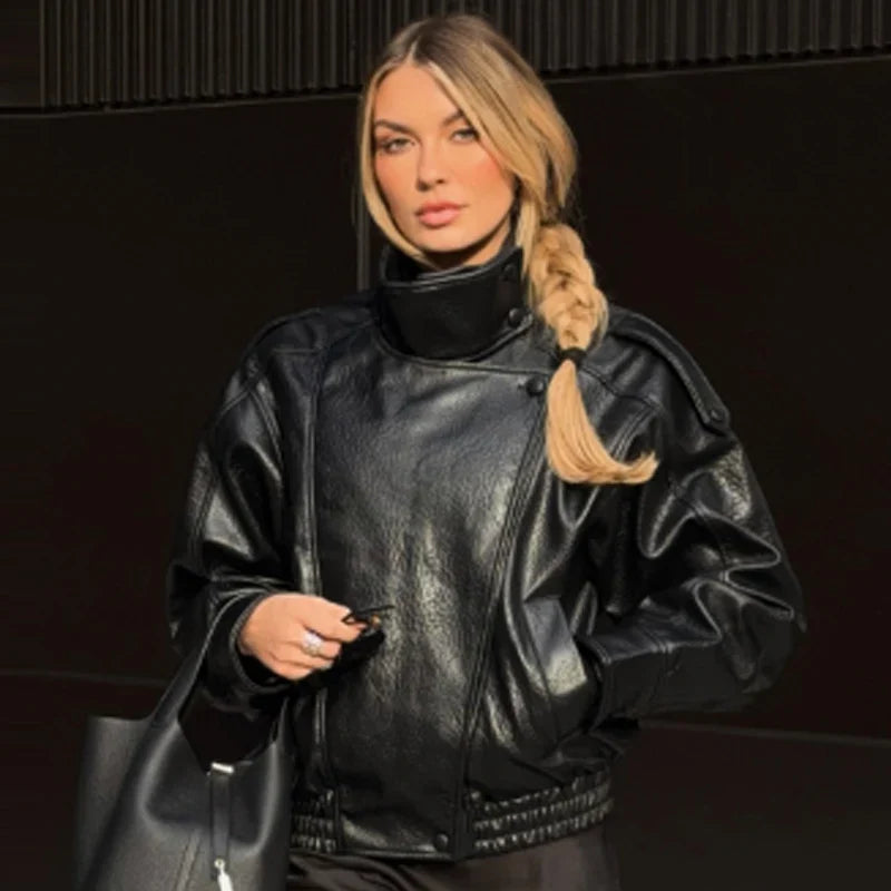 HXAO New Arrival Women's Bomber Jacket Leather Black Jackets Cropped Oversize Outerwears Zip-Up Long Sleeve Coats Outdoor Jacket