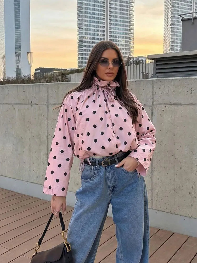 HH Women Elegant Fashion Polka Dot Pink Jacket Single Breasted High Collar Drawstring Coat Spring Lady Trend Street Outwear