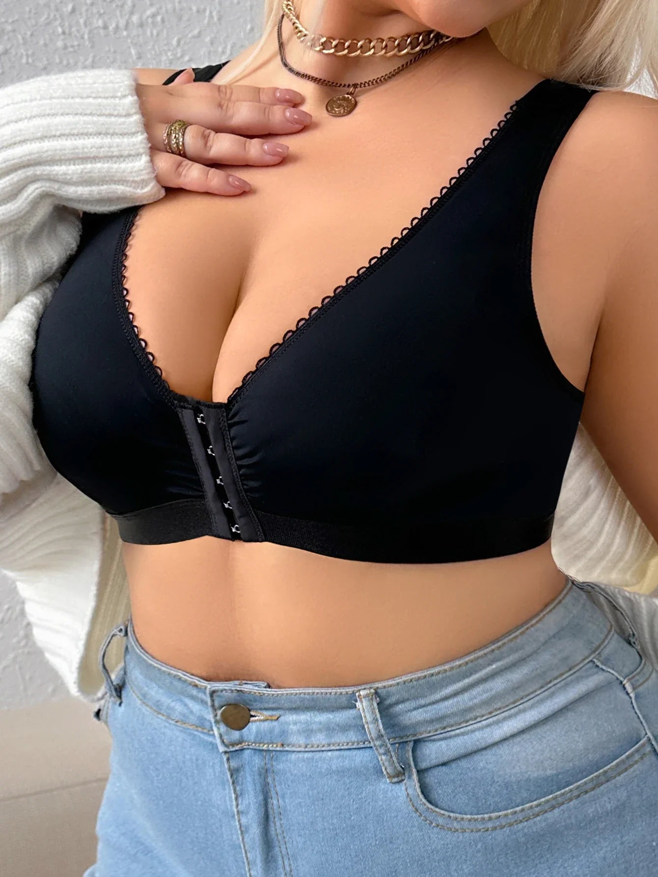 Everyday Wide Straps Plus Size Bra for Women Unlined Solid Wireless Push up Bra Front-Close Soft Side Support Women's Bra