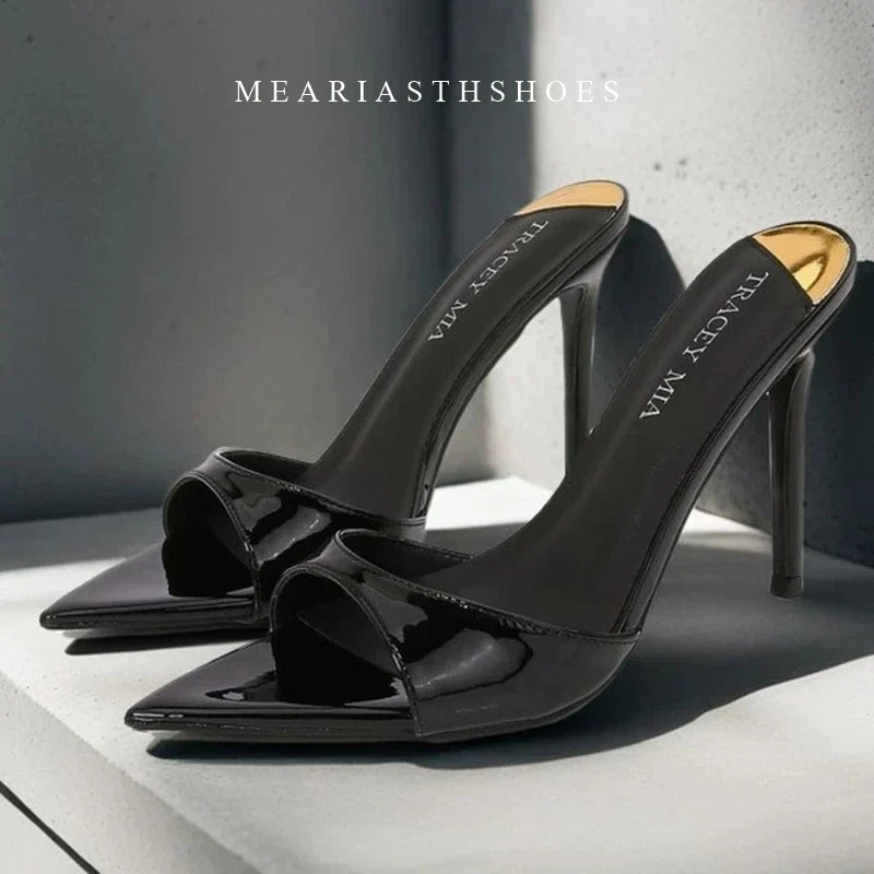 Ladies High-heeled Slippers Shoes Fashion Pointed Sexy Patent Leather Women with Open Toes and Party Wedding Stripper Sandals.