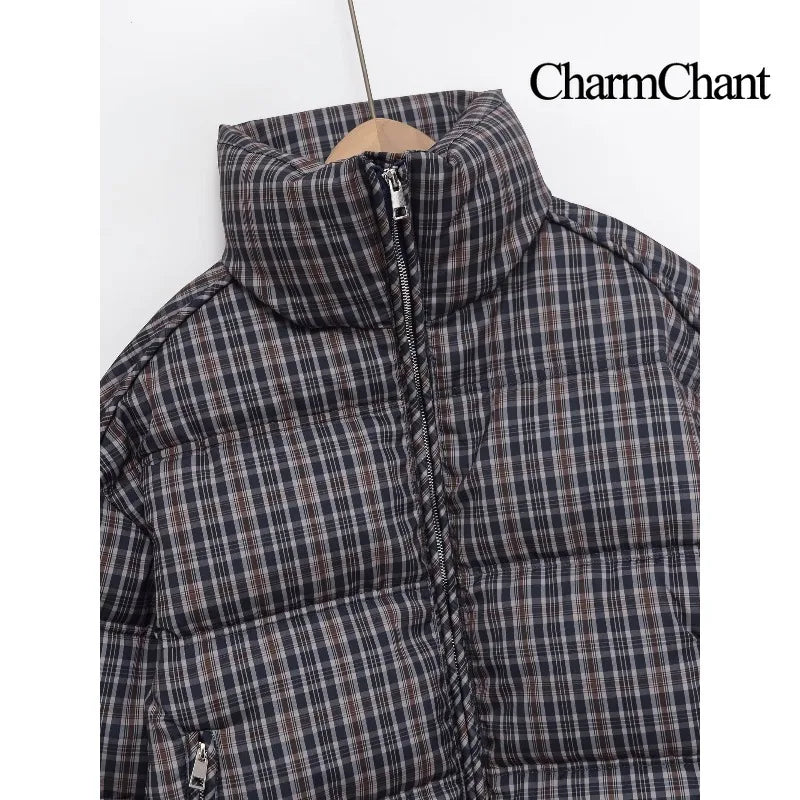 CharmChant Stand-Collar Plaid Puffer Jacket for Women Winter 2025 Padding Coat Female New in Coats Warm  Check Outerwears Parkas
