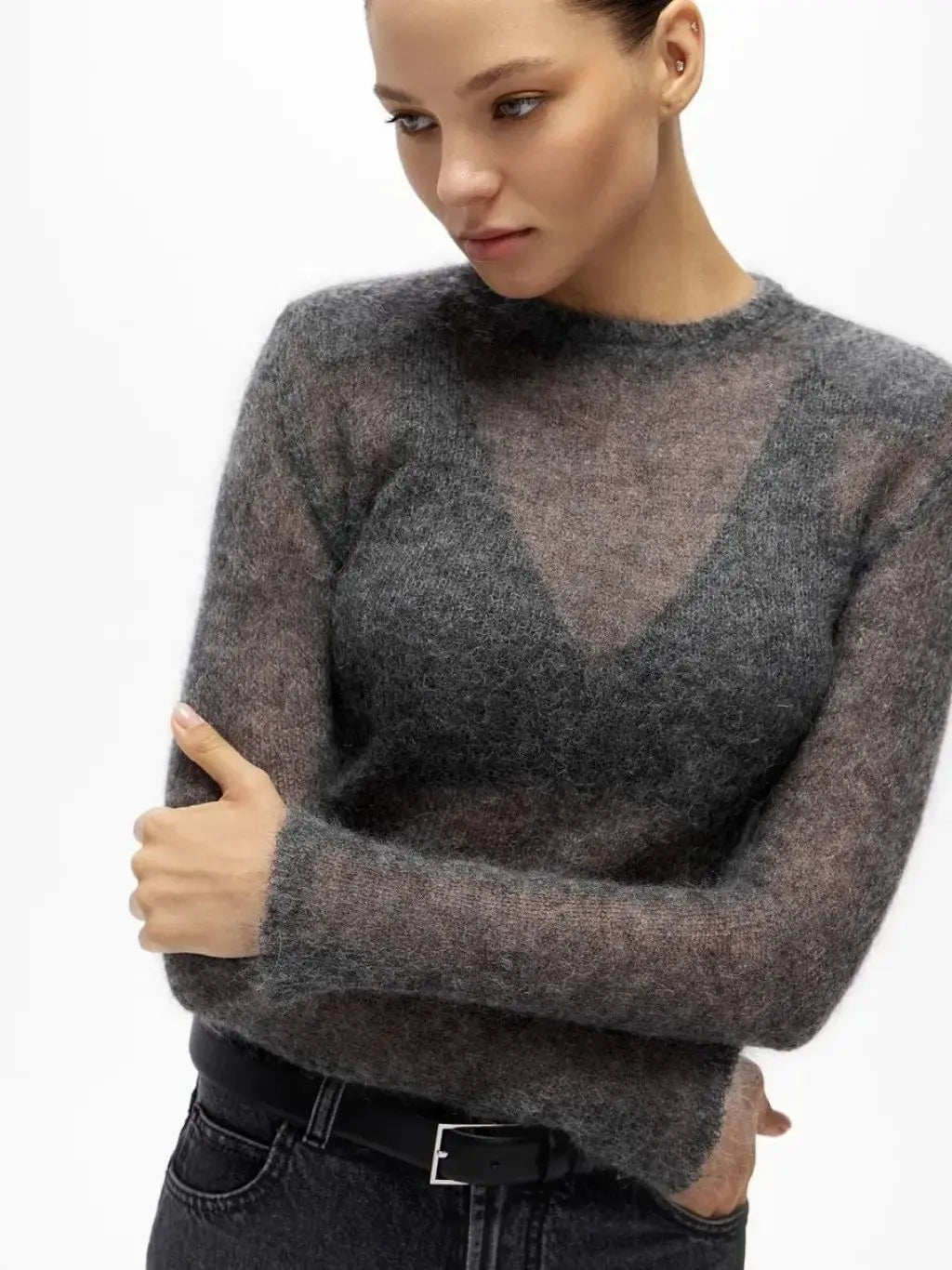 2025 Autumn Solid Color Round Neck Hollow Knitted Sweater Still Commuting Long Sleeve Hoodie Casual Long Sleeve Top