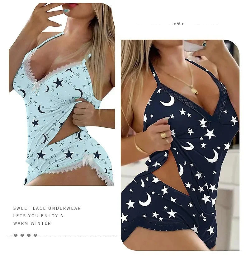 Sexy Lace Trim  Nightgown Set Large Size Home Wear Strap Sleepwear Two Piece Set Hot Sale