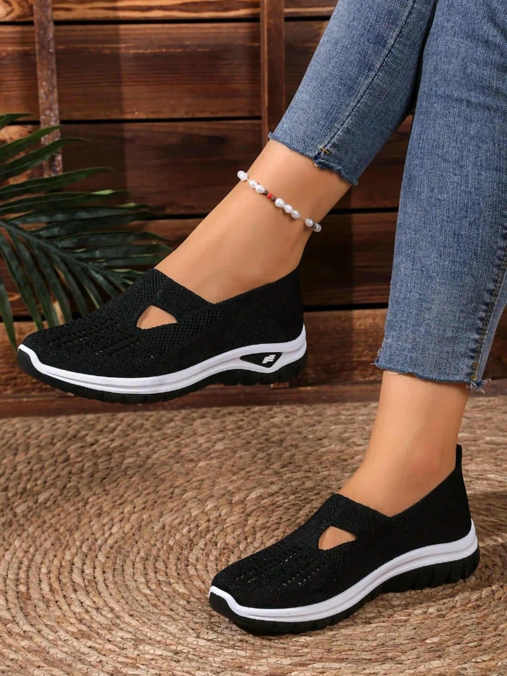Women's Casual Mesh Sneakers – Cut-Out T-Strap & Cushioned Wedge Sole