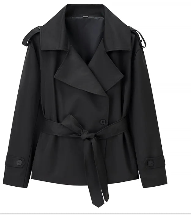 Fashion Women Lace Up Cropped Trench Coat 2026 Lapel Long Sleeves Wide Shoulder Windbreaker Jacket Lady Spring Commuting Outwear