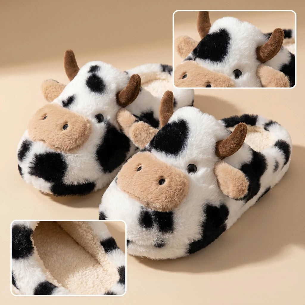 A Pair of Cute Cartoon 3D Cow Plush Slippers for Women, Comfortable Fluffy Home Slippers with Soft Soles for the Bedroom, Cute 3D Milk-Themed Warm Non-Slip Indoor Slippers, Lightweight and Silent Comfortable Shoes for Women, a Top Choice for Holiday Gifts
