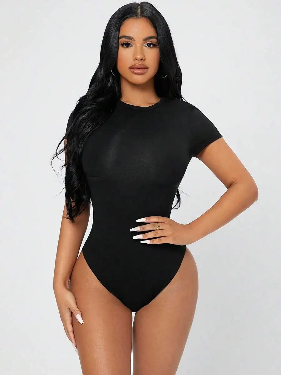 Petite Solid Slim Fit Short Sleeve Bodycon Bodysuit for Women