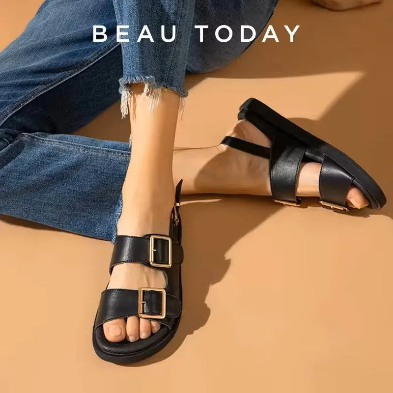 BeauToday Casual Sandals Women Genuine Leather Metal Ankle Buckle Strap Summer Beach Ladies Low Heel Sport Shoes Handmade 38128