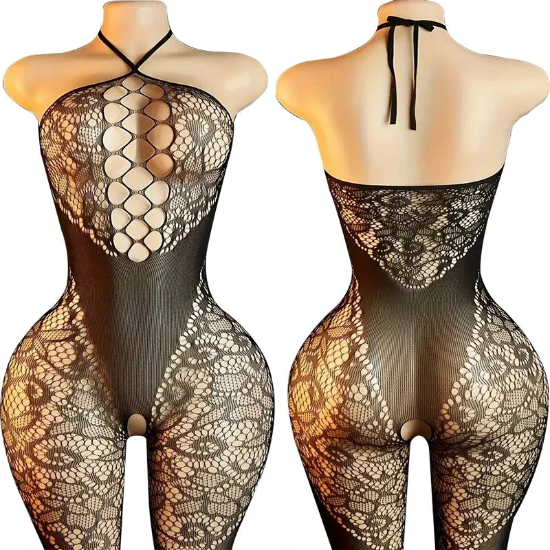 Summer Fashion Slim Teddy Bodysuits Women Sexy Bodycon Fishnet Hollow Rompers Stretch Mesh Sheer Halter O Neck Female Body Suits