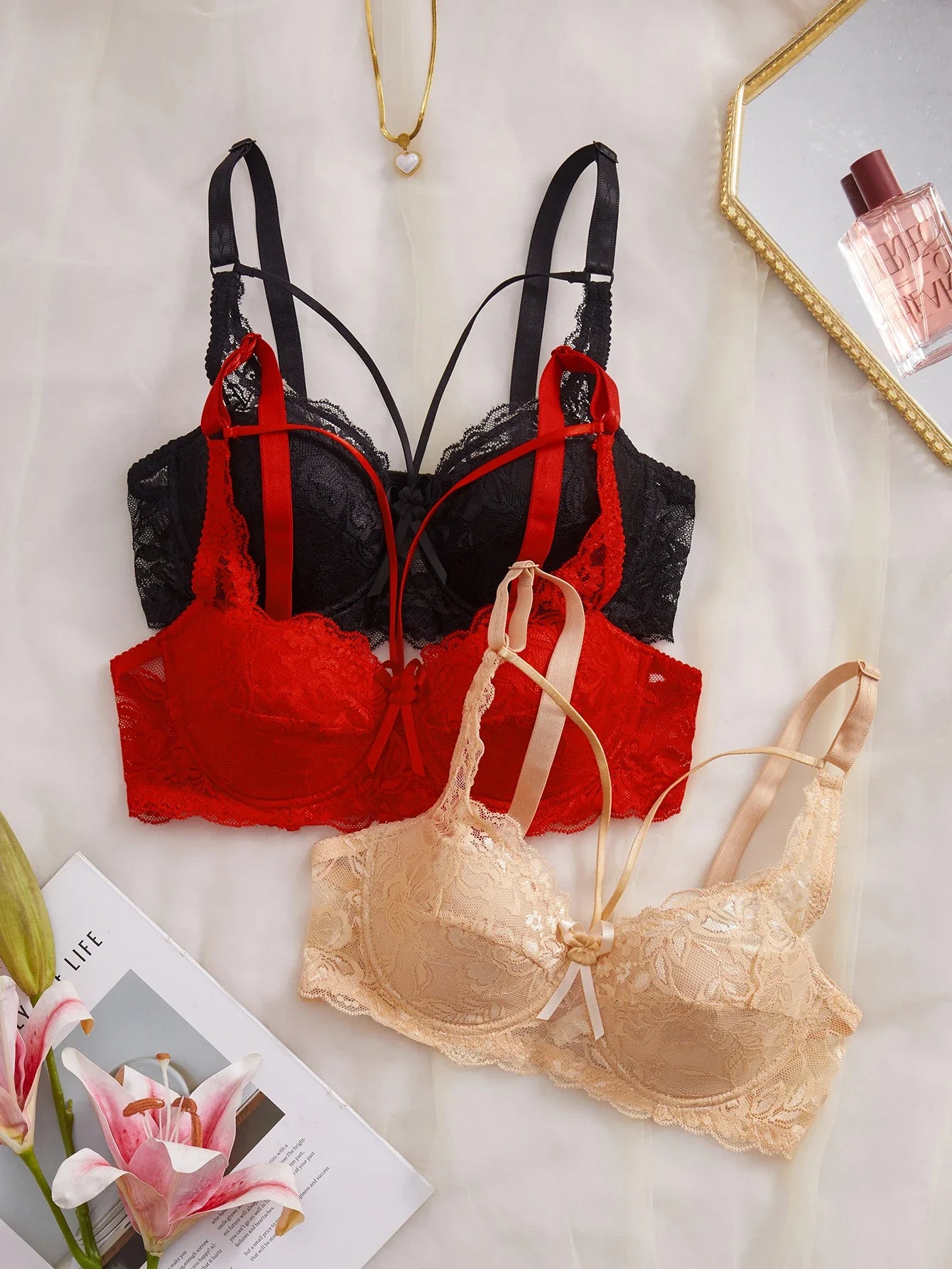 3PCS Lace Women's Underwear Set Sexy Mesh Lace Push-Up Bra Stylish Comfy Underwire Lingerie Bra for Women
