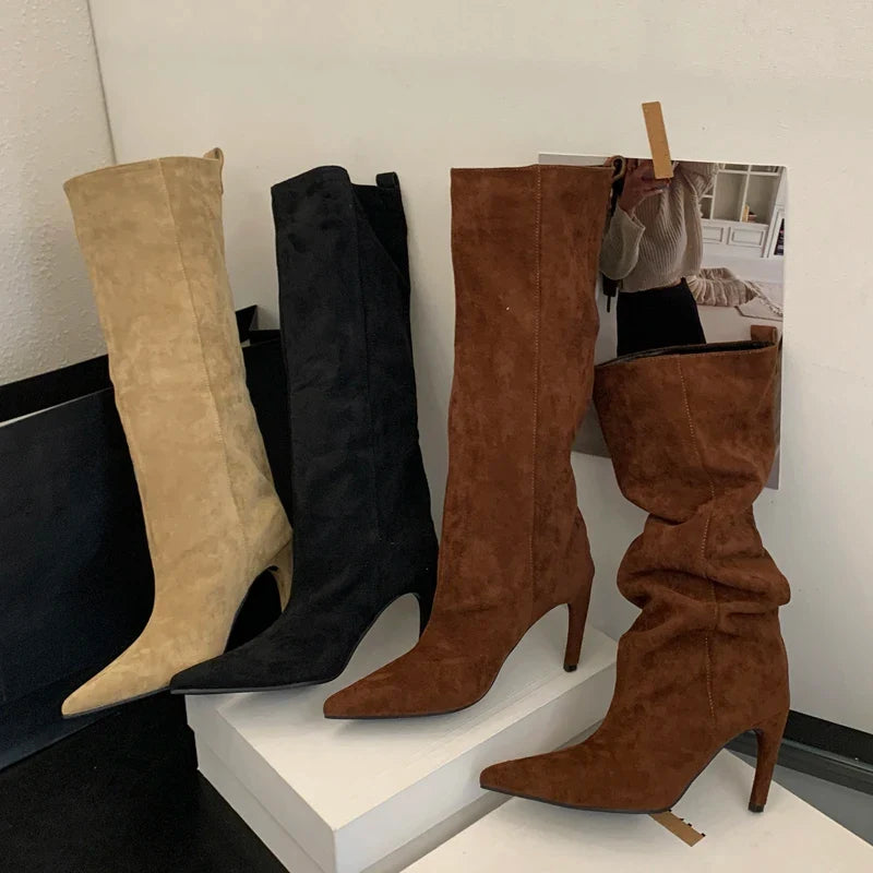 Aneikeh Fashion Winter Pointed Toe Knee-High Women Boots Thin Heels Shoes Female Punk Long Booties Zapatos De Muje