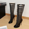 Liyke Fashion Hollow Out Cross Strap Knee High Boots Sandals Women Zip Sexy Peep Toe Stripper Heels Shoes Female Long Booties