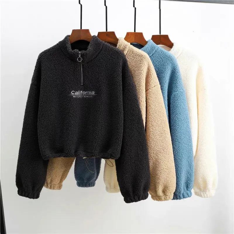 Women Letter Embroidery Stand Neck Fleece Cropped Hoodies Autumn Long Sleeve Drawstring Sweatshirt New Casual Plush Velvet Tops