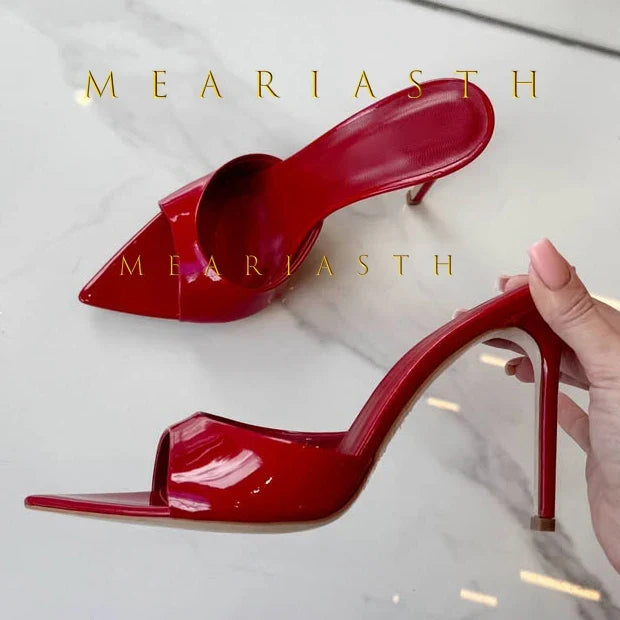 Ladies High-heeled Slippers Shoes Fashion Pointed Sexy Patent Leather Women with Open Toes and Party Wedding Stripper Sandals.