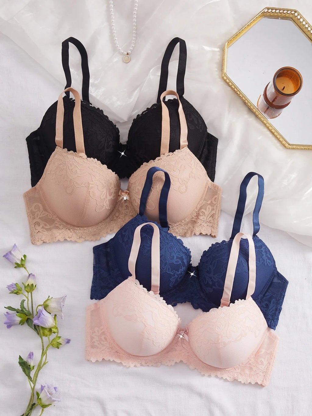 4PCS Plus Size Women's Bras Floral Lace Underwire Underwear Set Side Support Push Up Daily Comfort Full Cup Lingerie Set