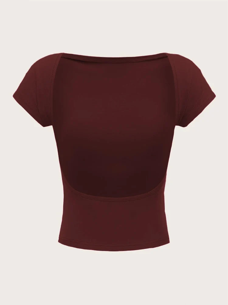 Women's O-neck Backless T-shirt Short Sleeve Solid Color Crop Top Summer Cute Baby Tee Y2K Clothes Bodycon Tunics Fashion Tank